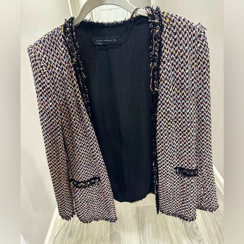 Zara Tweed Blazer with Fringe Trim & Stud Detail, Size L